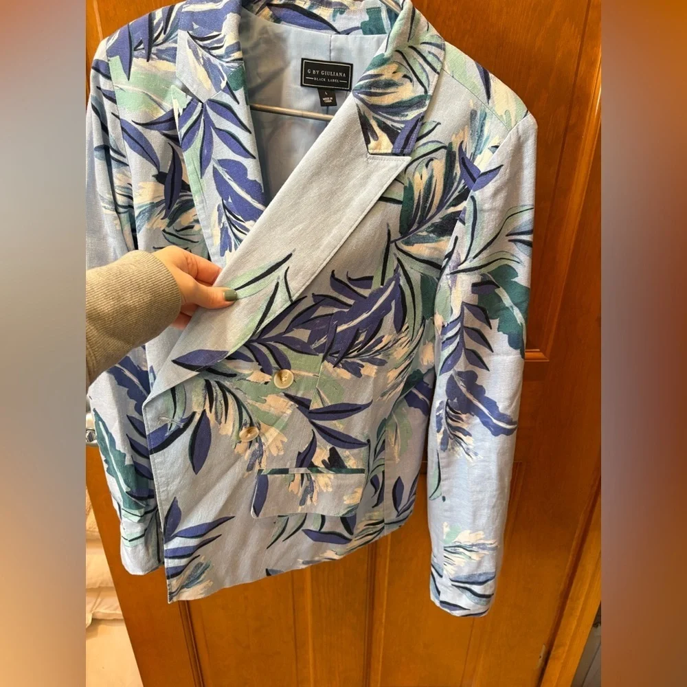 G By Giuliana Black Label Tropical Floral Blue Blazer Jacket Size Large